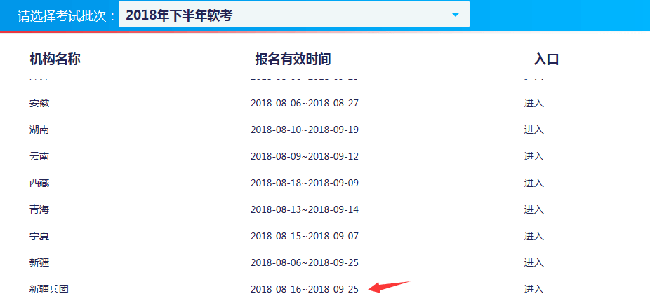 2018下半年新疆兵團軟考報名時間